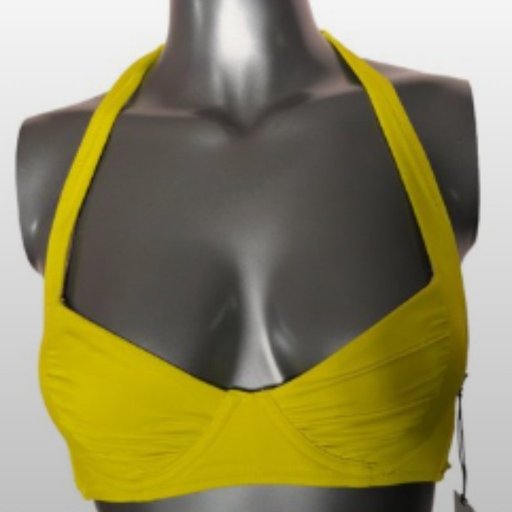 NWT 32B Light Lift Shirred Cup Halter Tie Back Bikini Top Mustard Yellow